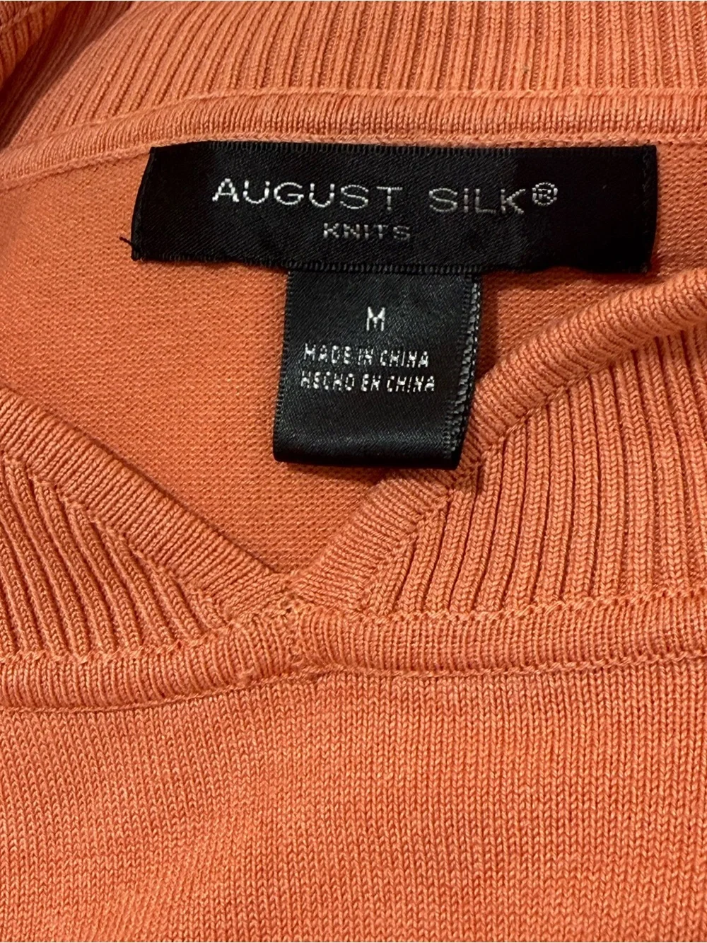 August Silk Knit Mock Neck Short Sleeve Sweater Top Peach Pearl Sleeve Detail/M